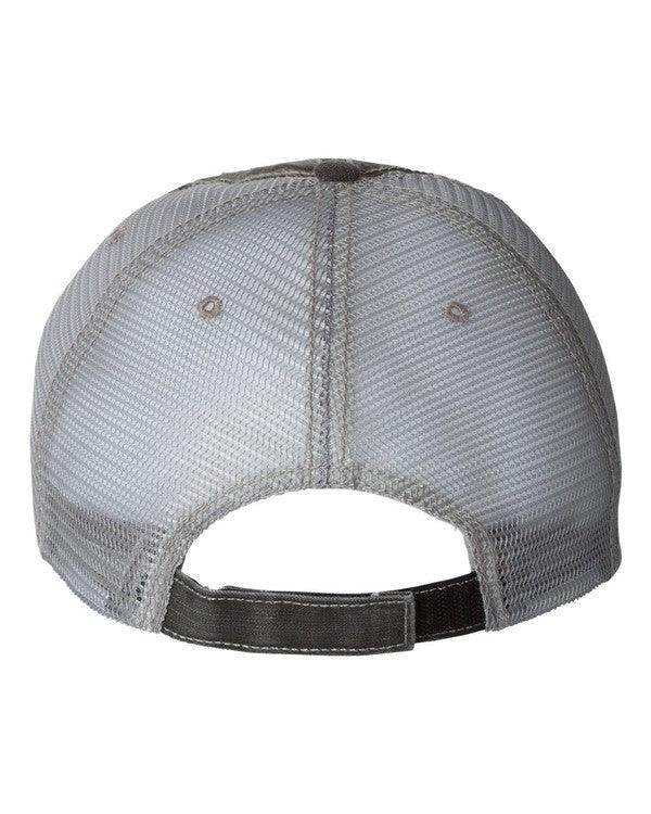 Back view of an Ocean and 7th funny embroidered hat for men with mesh design and adjustable strap