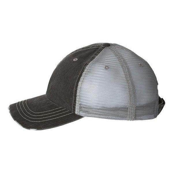 Ocean and 7th funny embroidered hats for men featuring a unique distressed design and mesh back.