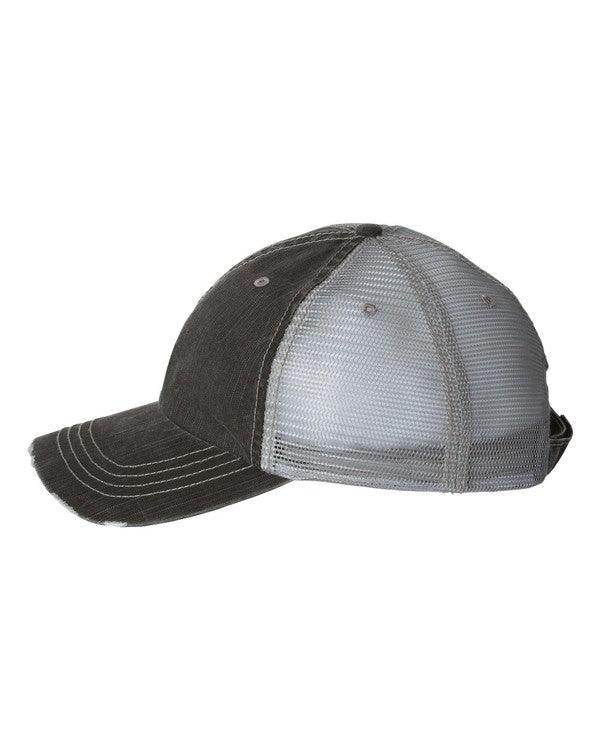 Ocean and 7th funny embroidered hats for men featuring a unique distressed design and mesh back.