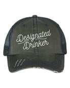 Funny embroidered hats for men featuring a 'Designated Drinker' slogan in white on a dark green cap