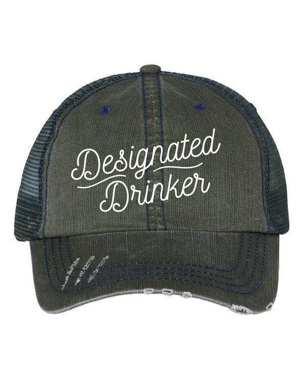 Funny embroidered hats for men featuring a 'Designated Drinker' slogan in white on a dark green cap