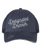 Funny embroidered hat for men featuring 'Designated Drinker' in stylish cursive on a navy cap