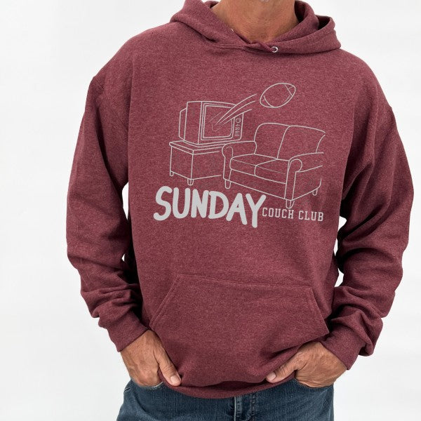 Funny football hoodie with couch and TV graphic for football fans on game day