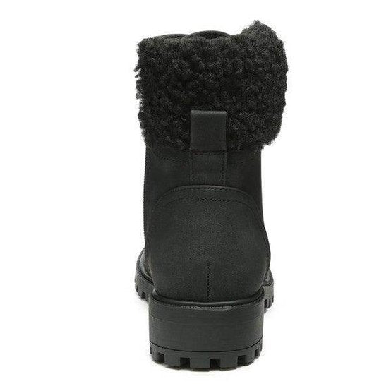 Rag Company women's fur collar hiking boots with a stylish black design and sturdy sole for outdoor adventures