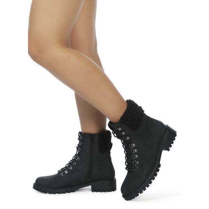 Rag Company black fur collar hiking boots with lace-up design and rugged sole for outdoor adventures