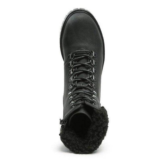 Rag Company women's fur collar hiking boots in black with lace-up design and soft interior lining