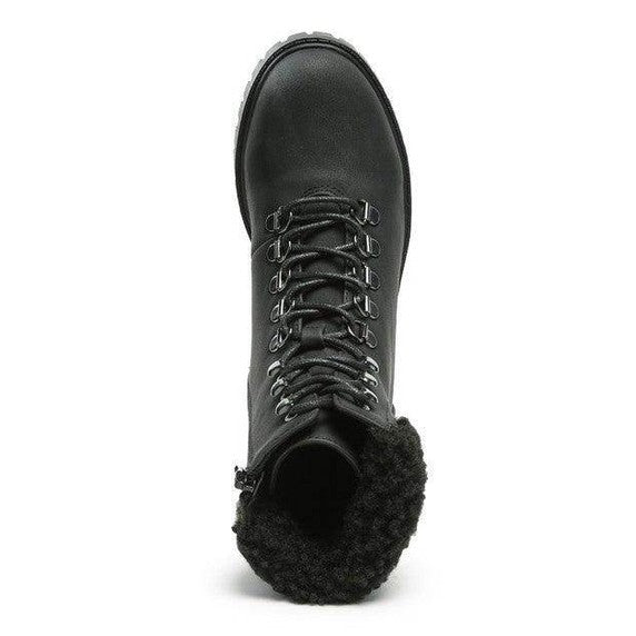 Rag Company women's fur collar hiking boots in black with lace-up design and soft interior lining