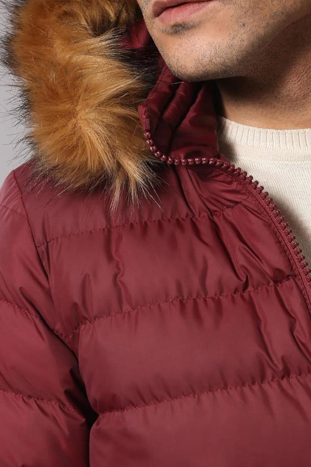 Fur Hooded Burgundy Men Down Coat – detail view