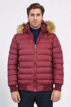 Fur Hooded Burgundy Men Down Coat – side view