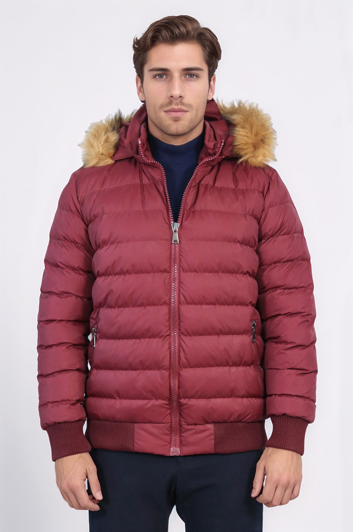Fur Hooded Burgundy Men Down Coat – side view