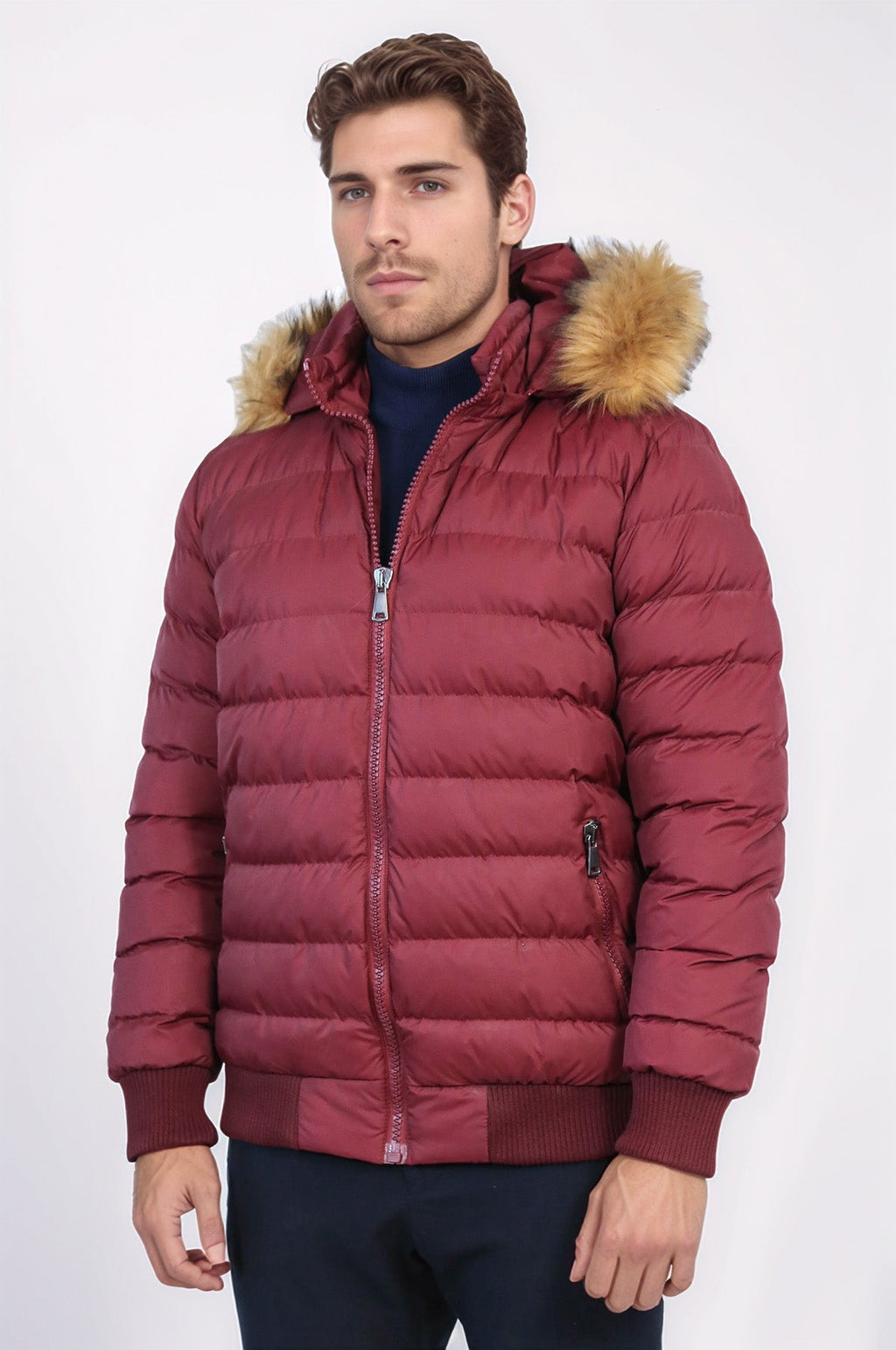 Fur Hooded Burgundy Men Down Coat – styled view