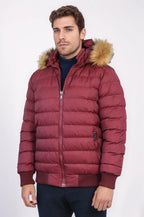 Fur Hooded Burgundy Men Down Coat – styled view
