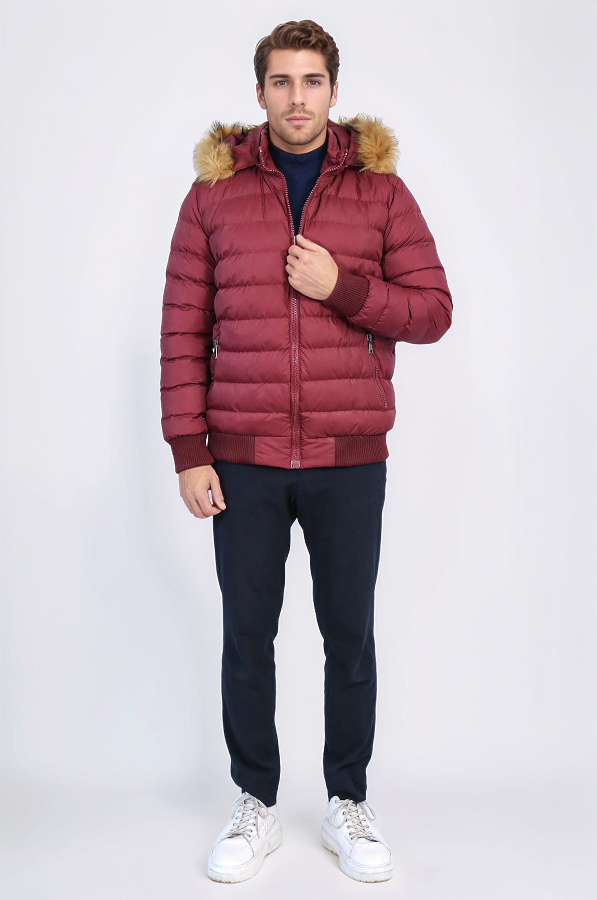 Fur Hooded Burgundy Men Down Coat – close up view