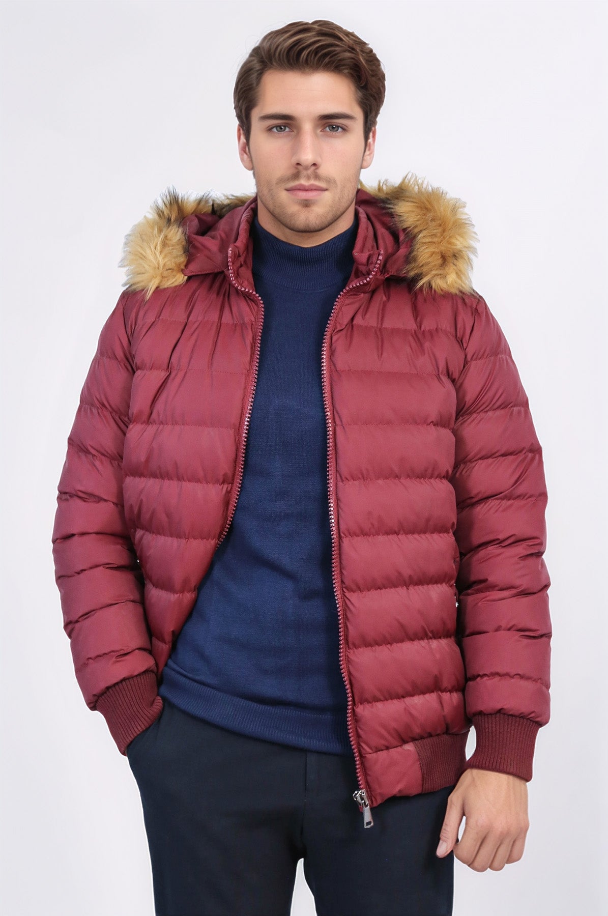 Fur Hooded Burgundy Men Down Coat – full look view