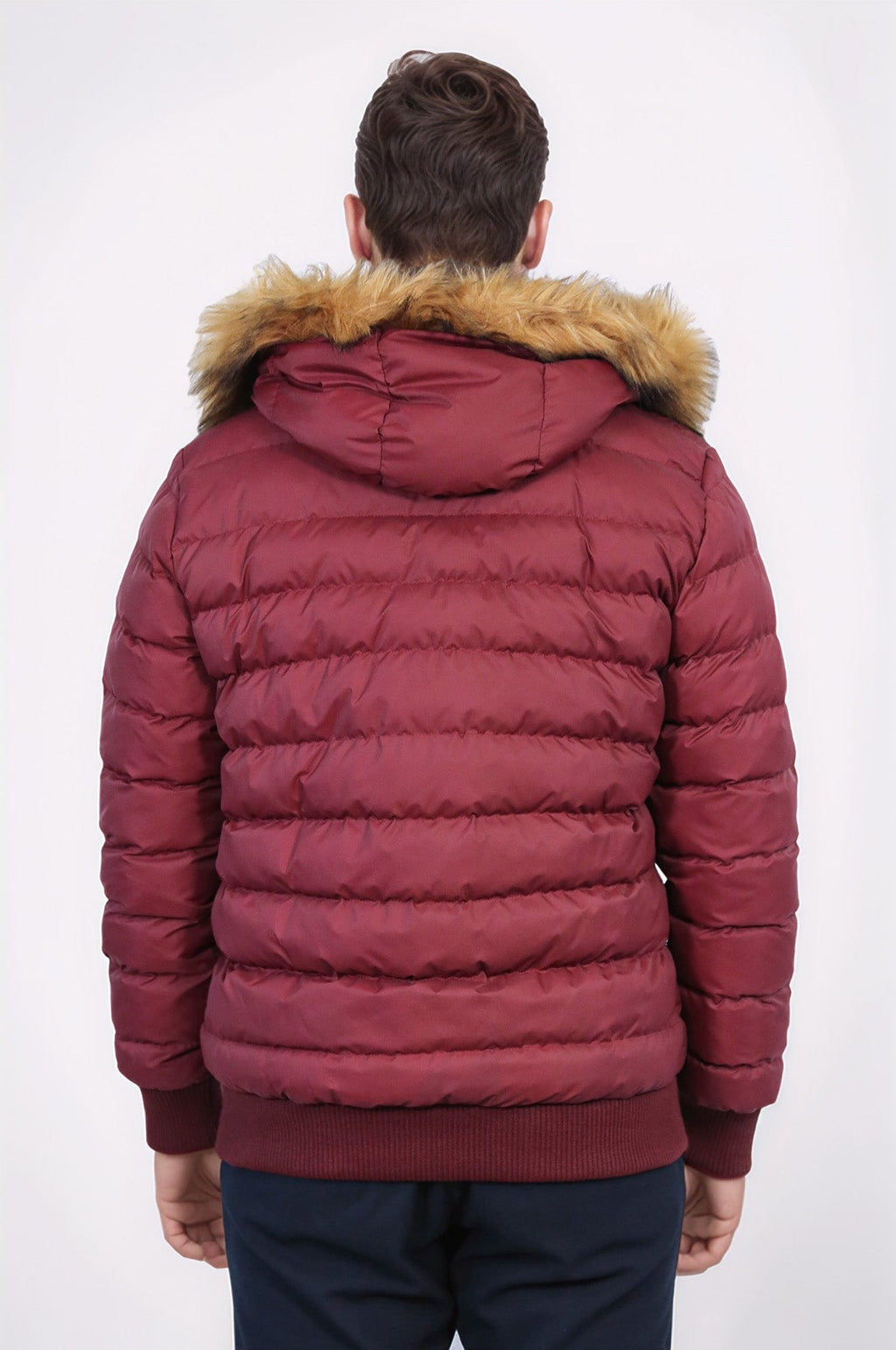 Fur Hooded Burgundy Men Down Coat – angled view