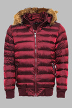 Fur Hooded Burgundy Men Down Coat – collar detail view