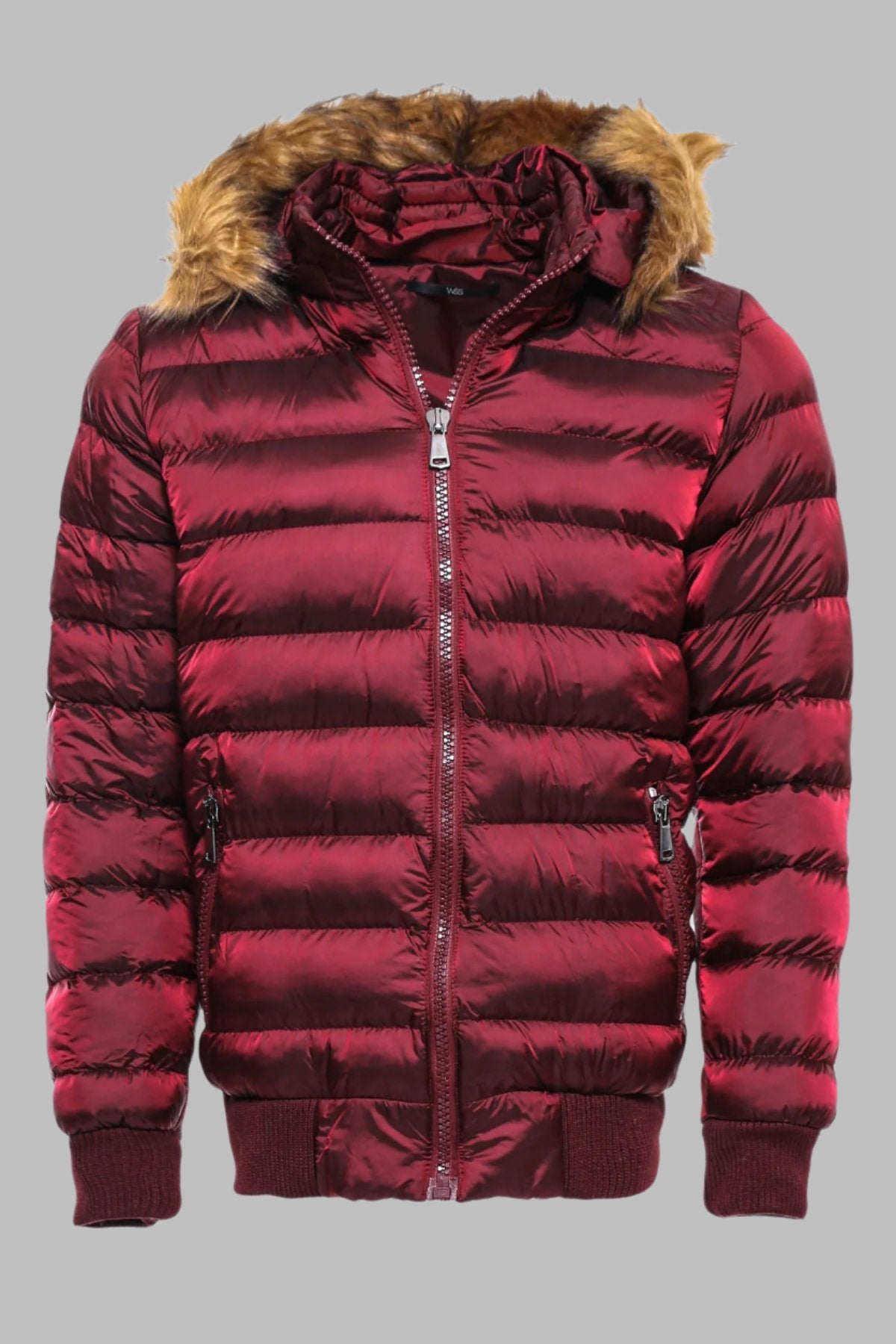 Fur Hooded Burgundy Men Down Coat – collar detail view
