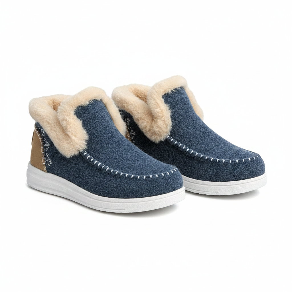 Blue slip-on boots with fur trim worn with jeans on a white background