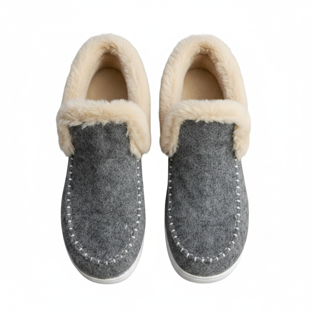 Gray slippers with white fur trim worn with blue jeans on a white background