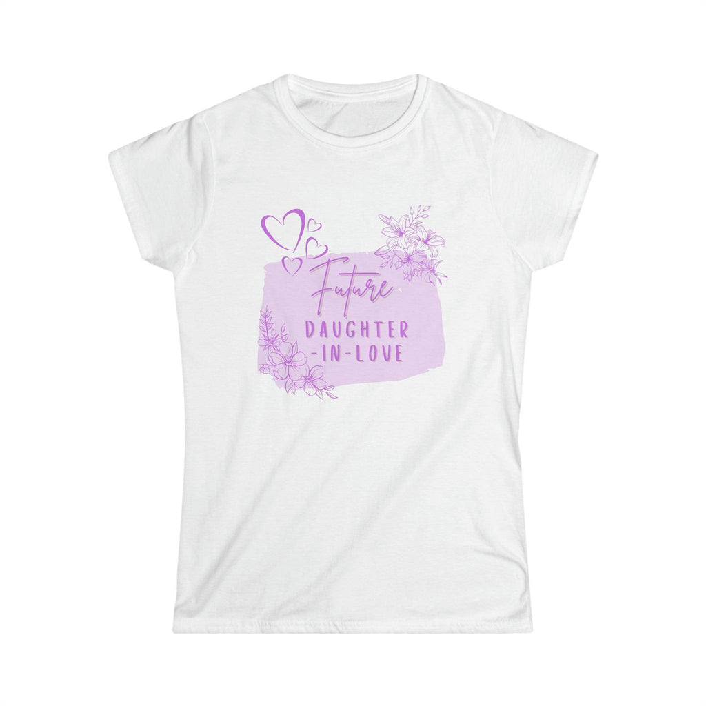 White Women's Shirt with 'Future Daughter-In-Law Gift' Graphic Design in Purple Floral Print