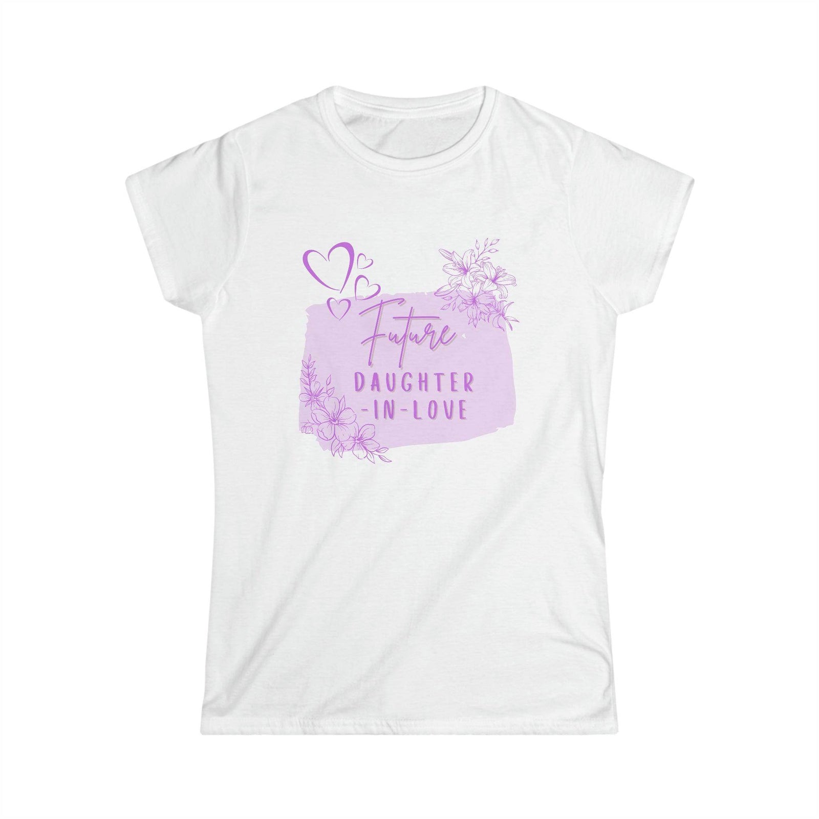 White Women's Shirt with 'Future Daughter-In-Law Gift' Graphic Design in Purple Floral Print