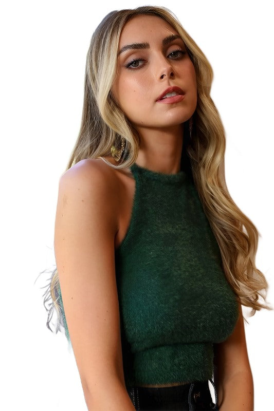 Women's Shirts - Cropped Tops Fuzzy Sweater Halter Cropped Top
