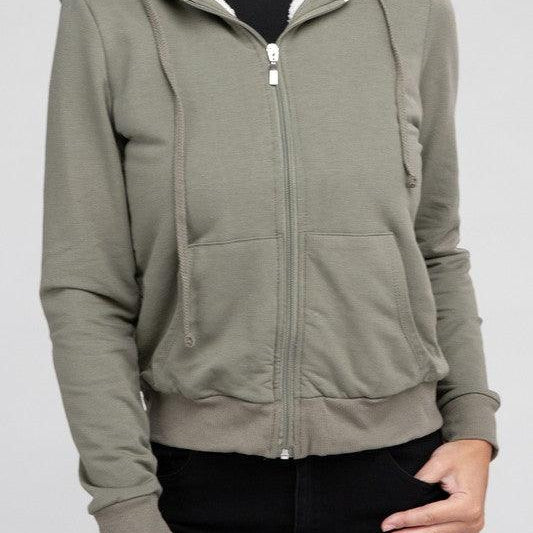 Women's Coats & Jackets Fuzzy Trim Zip-Up Crop Hoodie