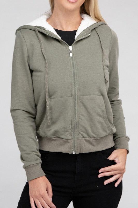 Women's Coats & Jackets Fuzzy Trim Zip-Up Crop Hoodie