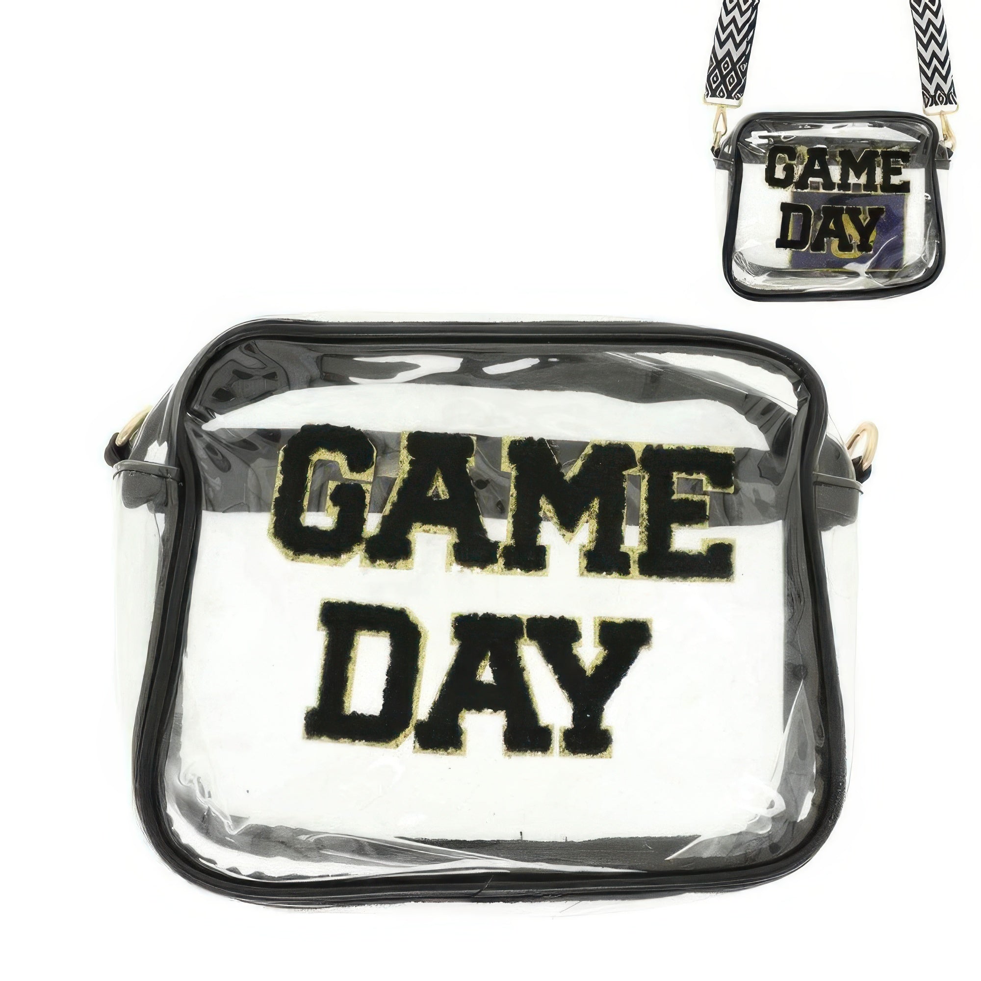 Game day transparent purse with bold lettering and adjustable strap for sports events