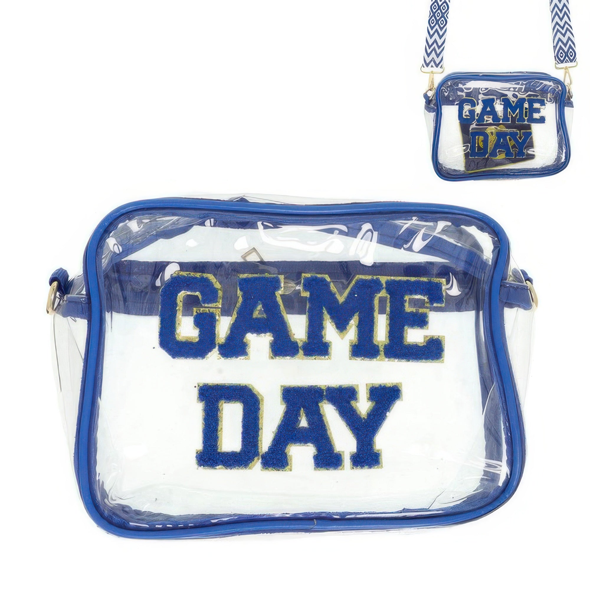 Game day transparent purse with blue trim and bold lettering for sporting events
