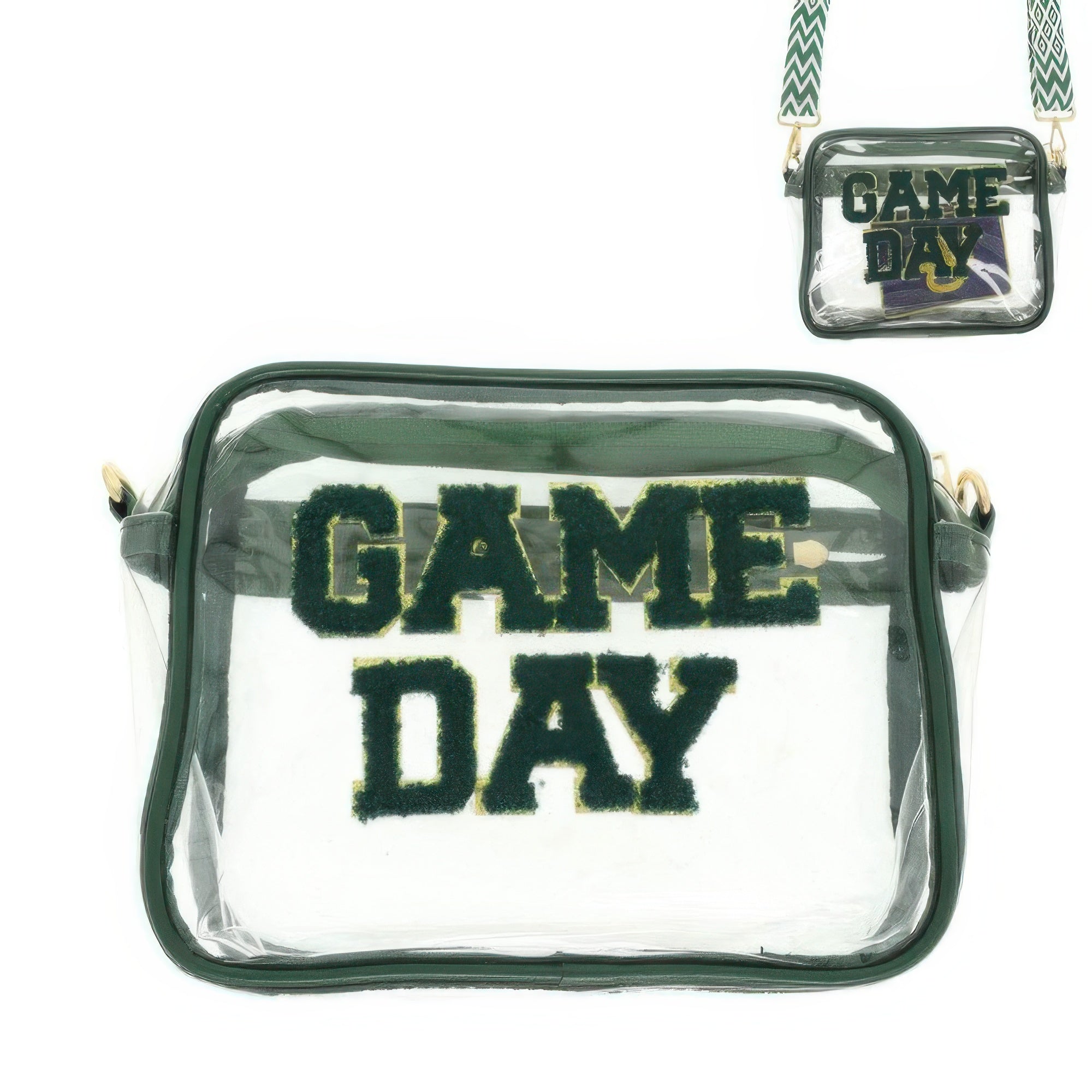 VacationGrabs game day transparent purse with bold green lettering and stylish strap for event use