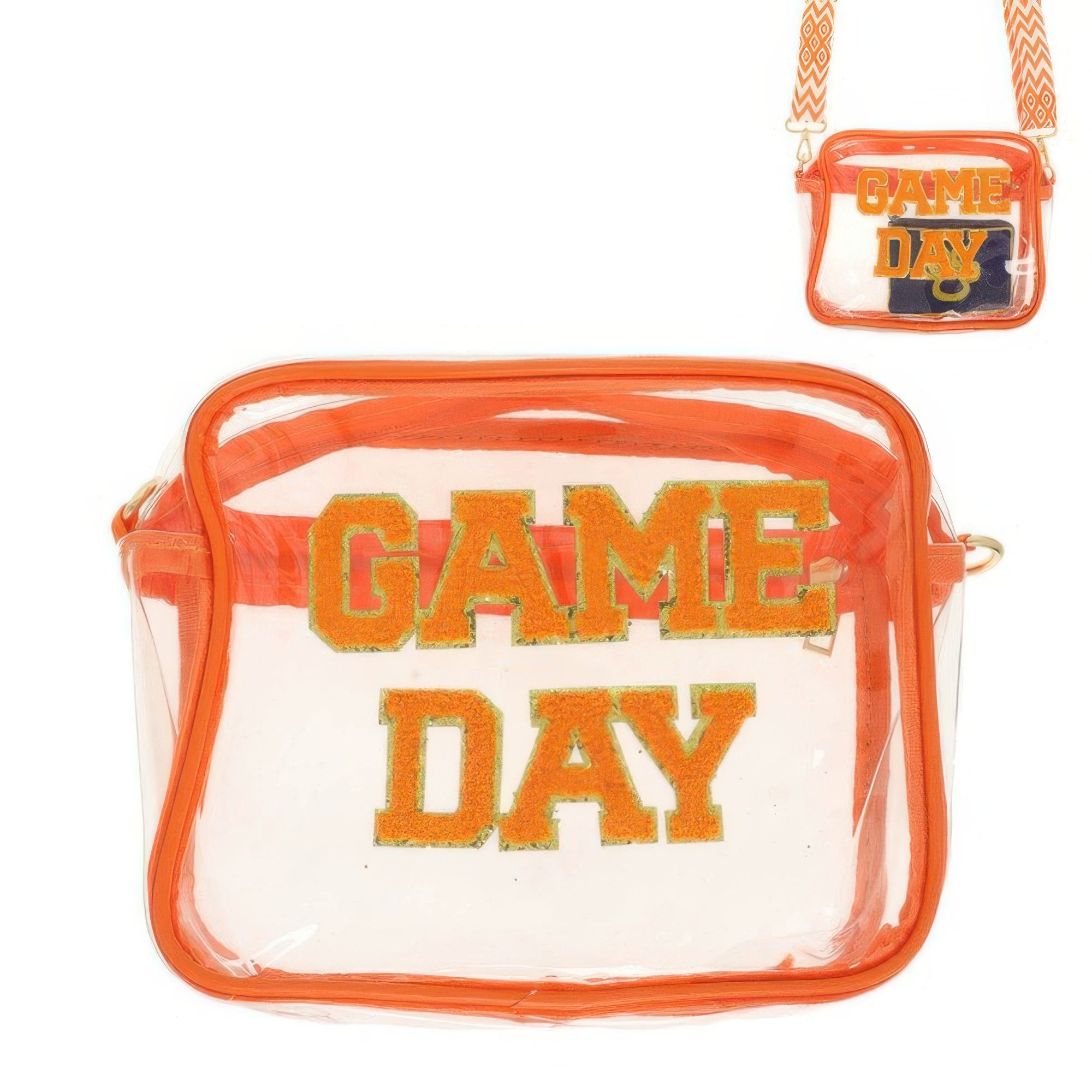 Game day transparent purse with vibrant orange accents and bold lettering for sporting events