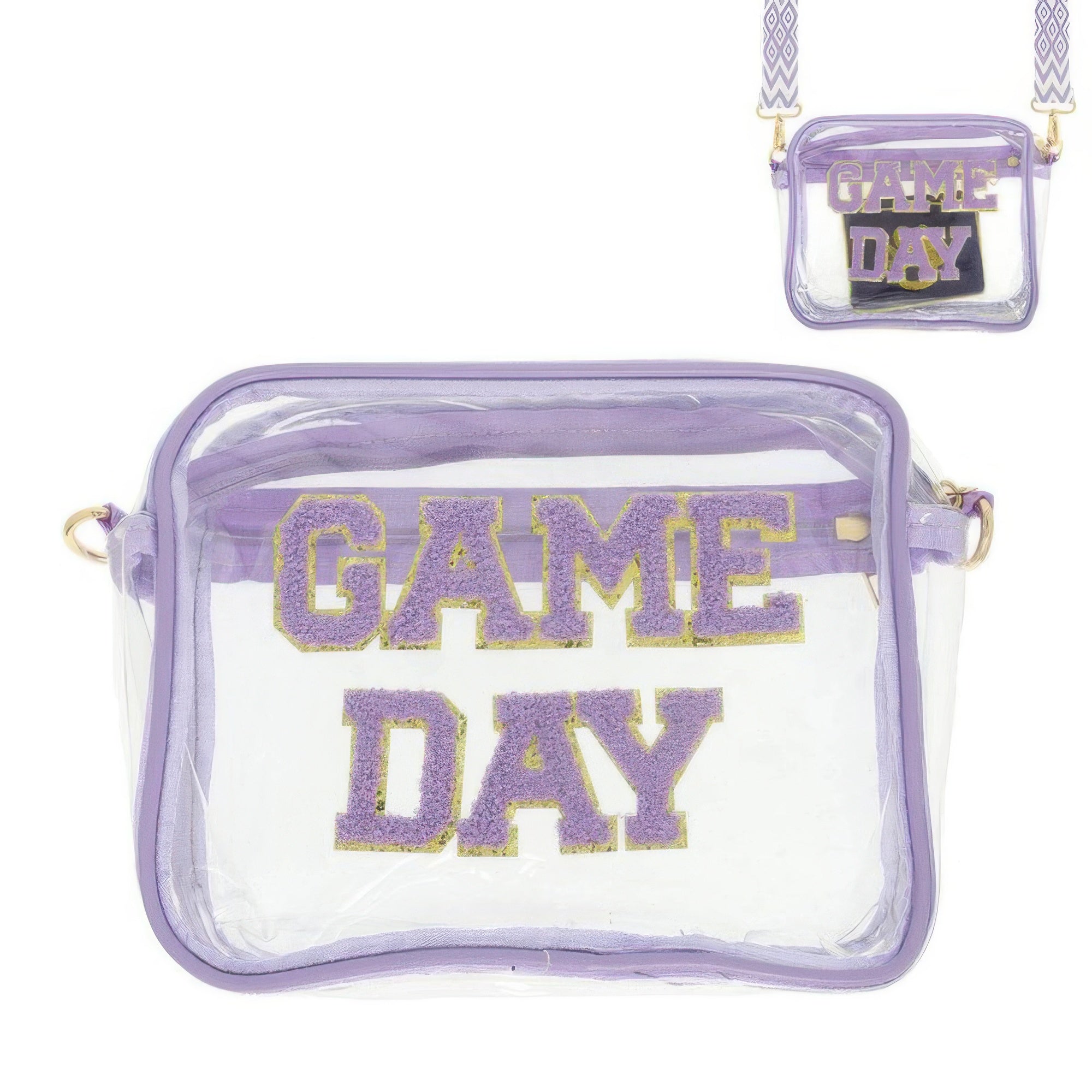 VacationGrabs game day transparent purse in purple with bold glitter letters for sporting events