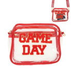 Game day transparent purse with bold red and white lettering for stylish sporting events