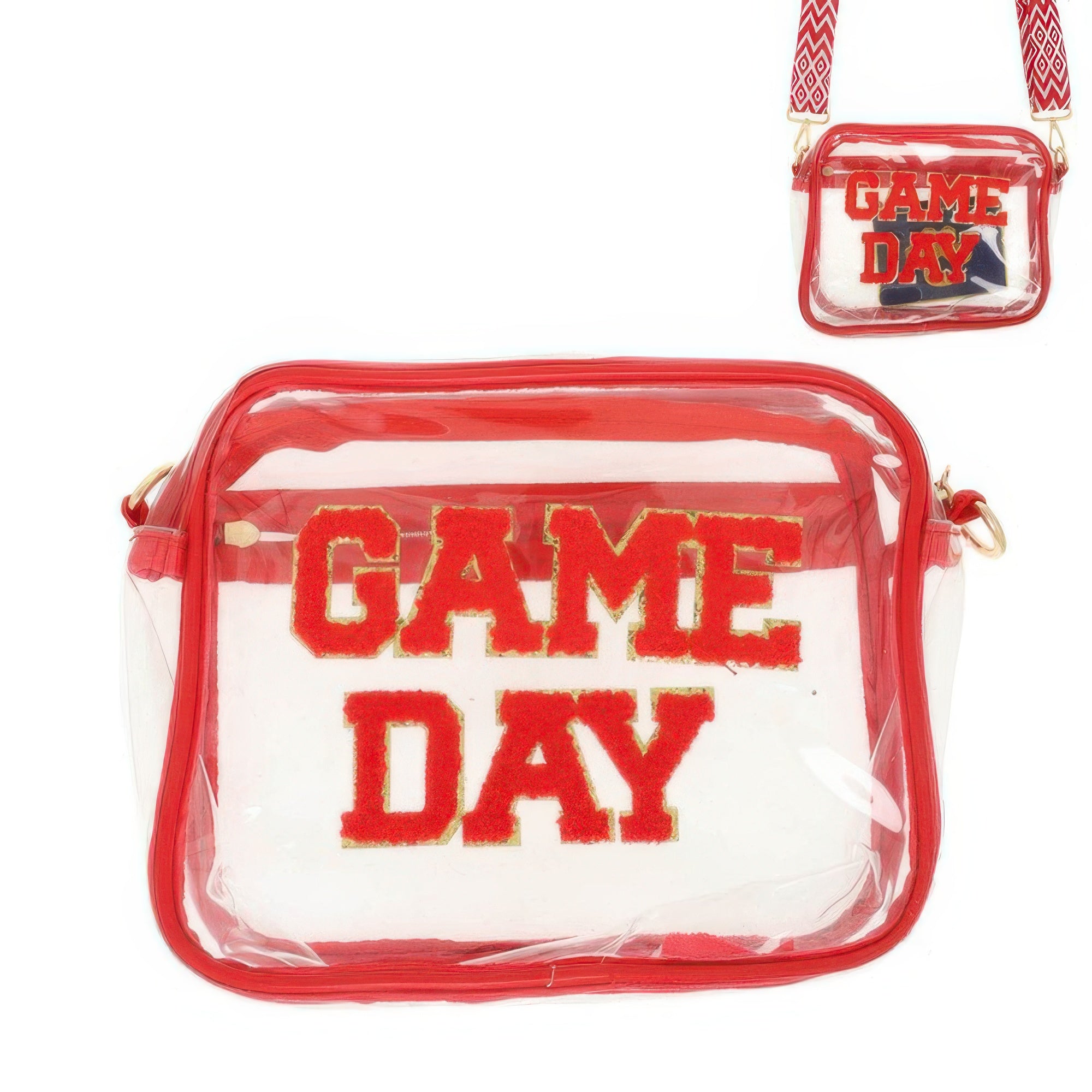 Game day transparent purse with bold red and white lettering for stylish sporting events