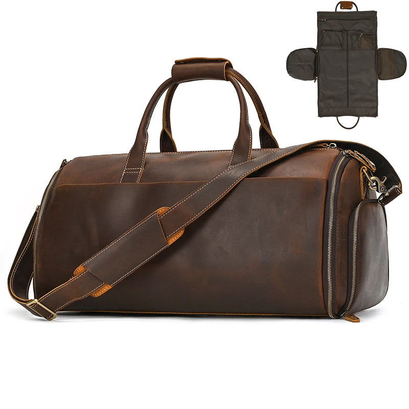 Brown leather garment bag for stylish travel and storage