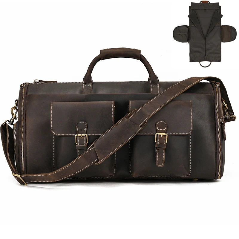 Brown leather garment bag with dual front pockets for travel