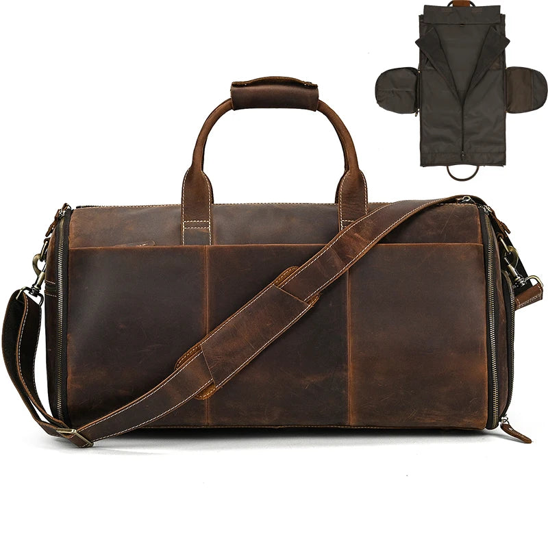 Brown leather garment bag for travel and storage