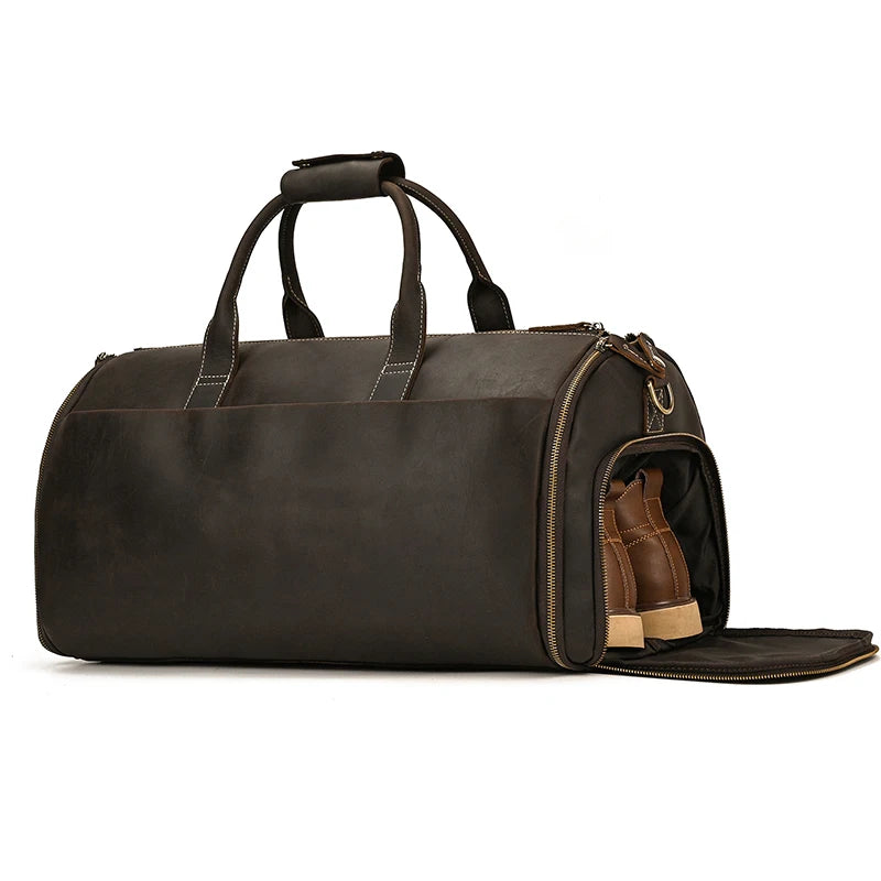 Durable leather garment bag for stylish travel with shoe compartment