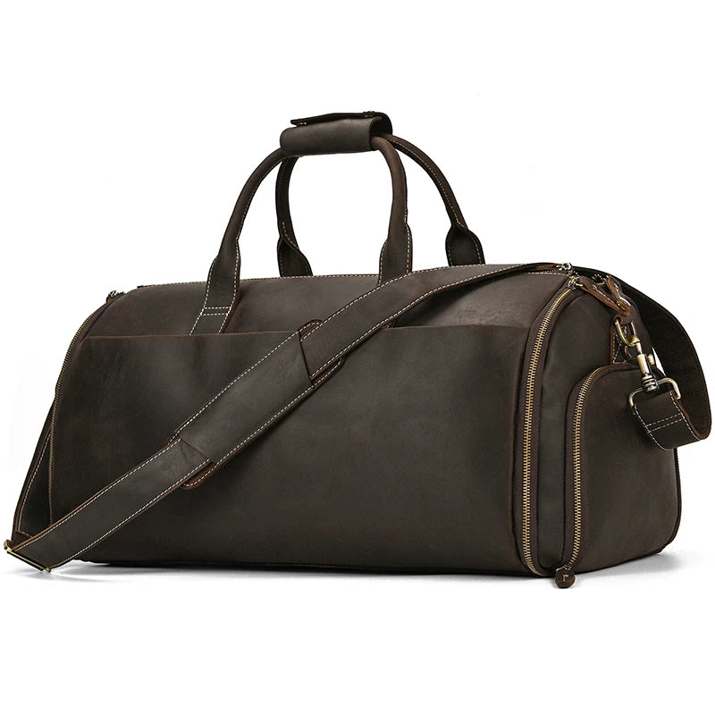 Brown leather garment bag for stylish travel and organized packing