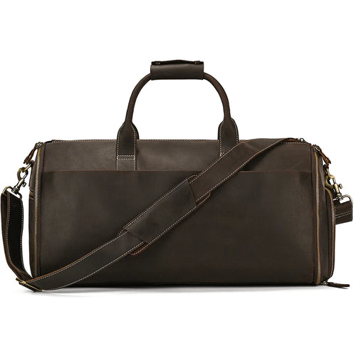 Brown leather garment bag for stylish travel convenience