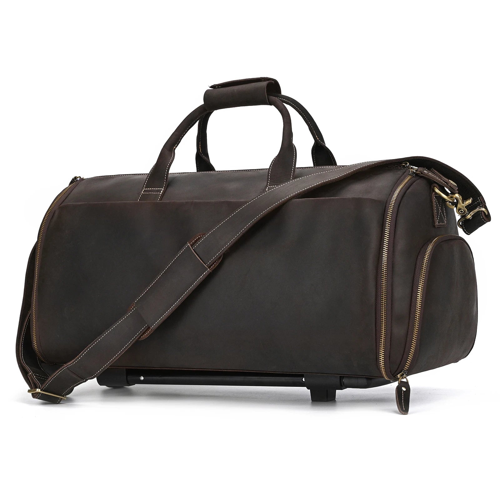 Brown leather garment bag for stylish travel convenience