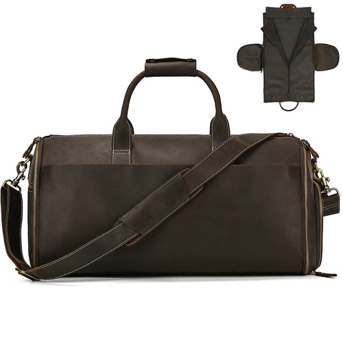 Brown leather garment bag, durable and spacious for travel