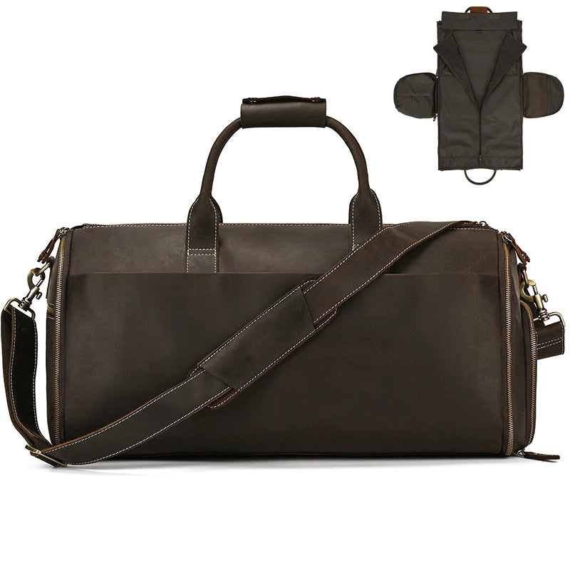 Brown leather garment bag, durable and spacious for travel