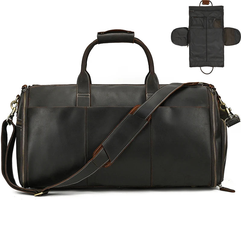 Brown leather garment bag, durable and spacious, travel-friendly design