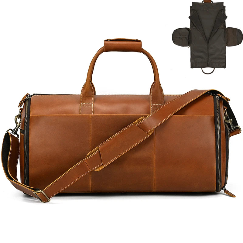 Brown leather garment bag for travel with adjustable strap