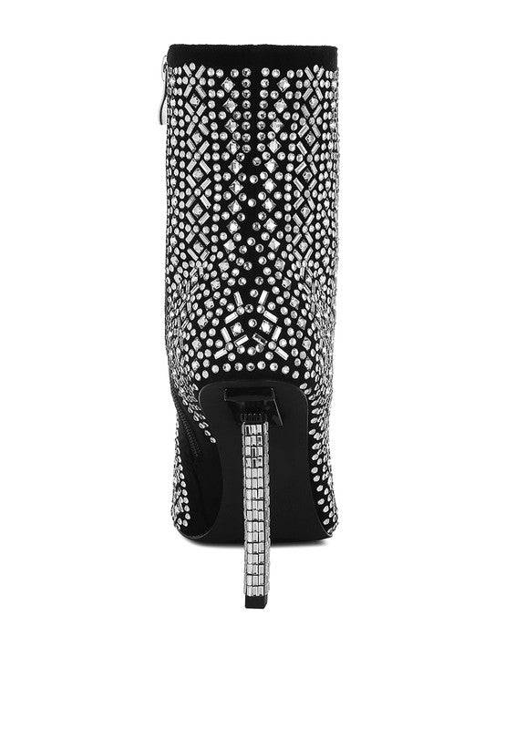 Rag Company gem embellished ankle boots with a stunning rhinestone design and a stylish stiletto heel