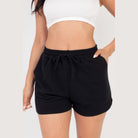 VacationGrabs black french terry shorts for women with elastic waistband and drawstring