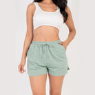 VacationGrabs light green french terry shorts for women with drawstring waist and side pockets
