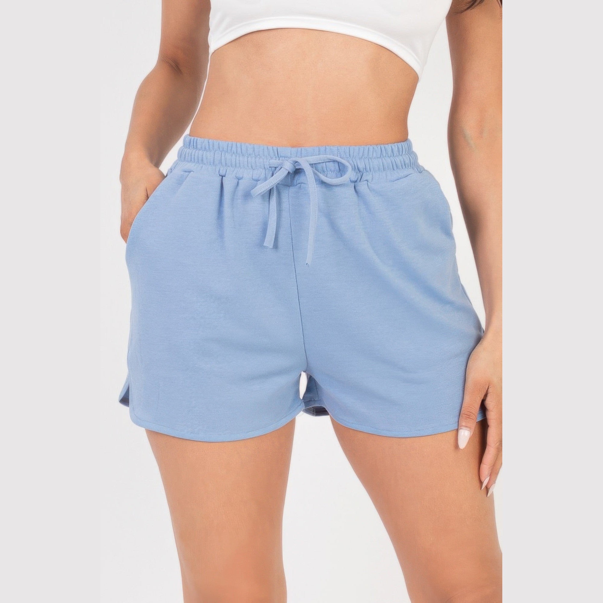 VacationGrabs blue french terry shorts for women with elastic waistband and drawstring